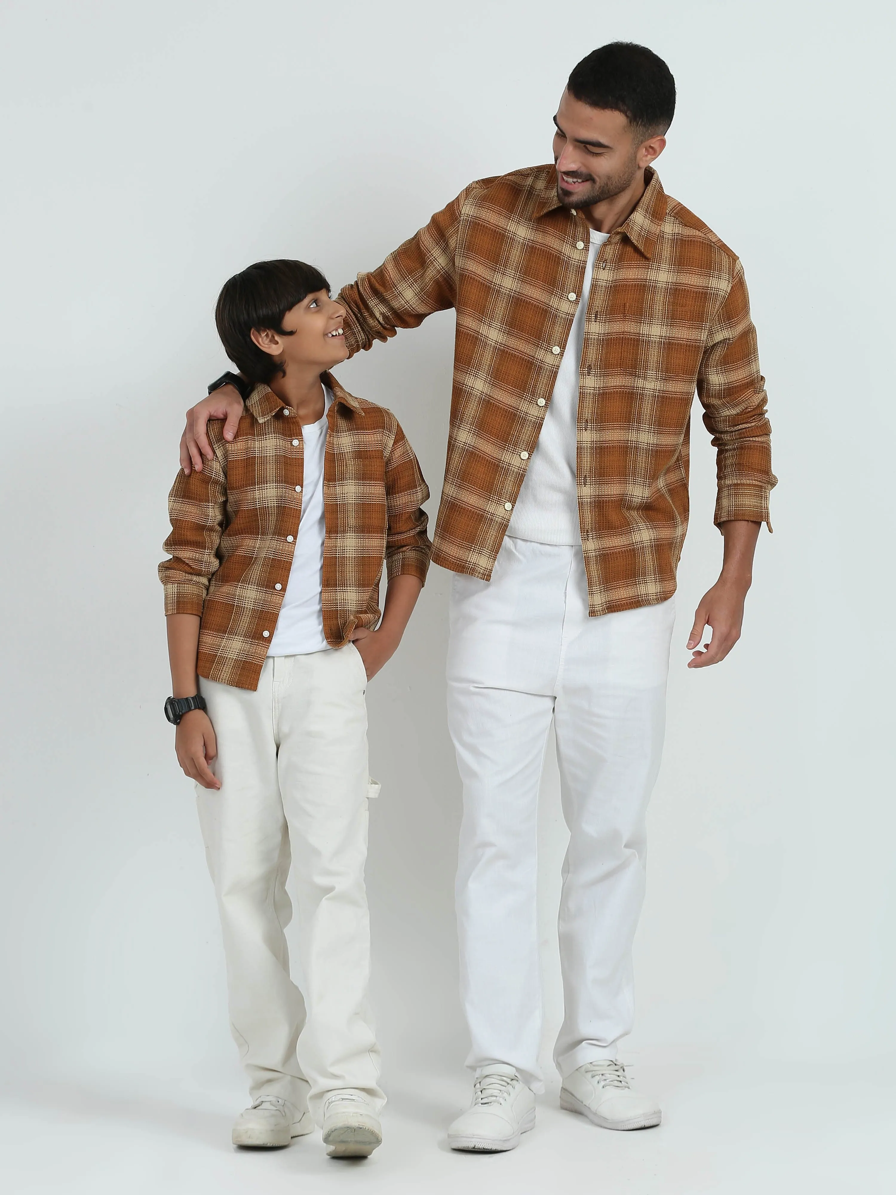 Dad & Son Textured Checkered Twinning Shirt Burnt Orange