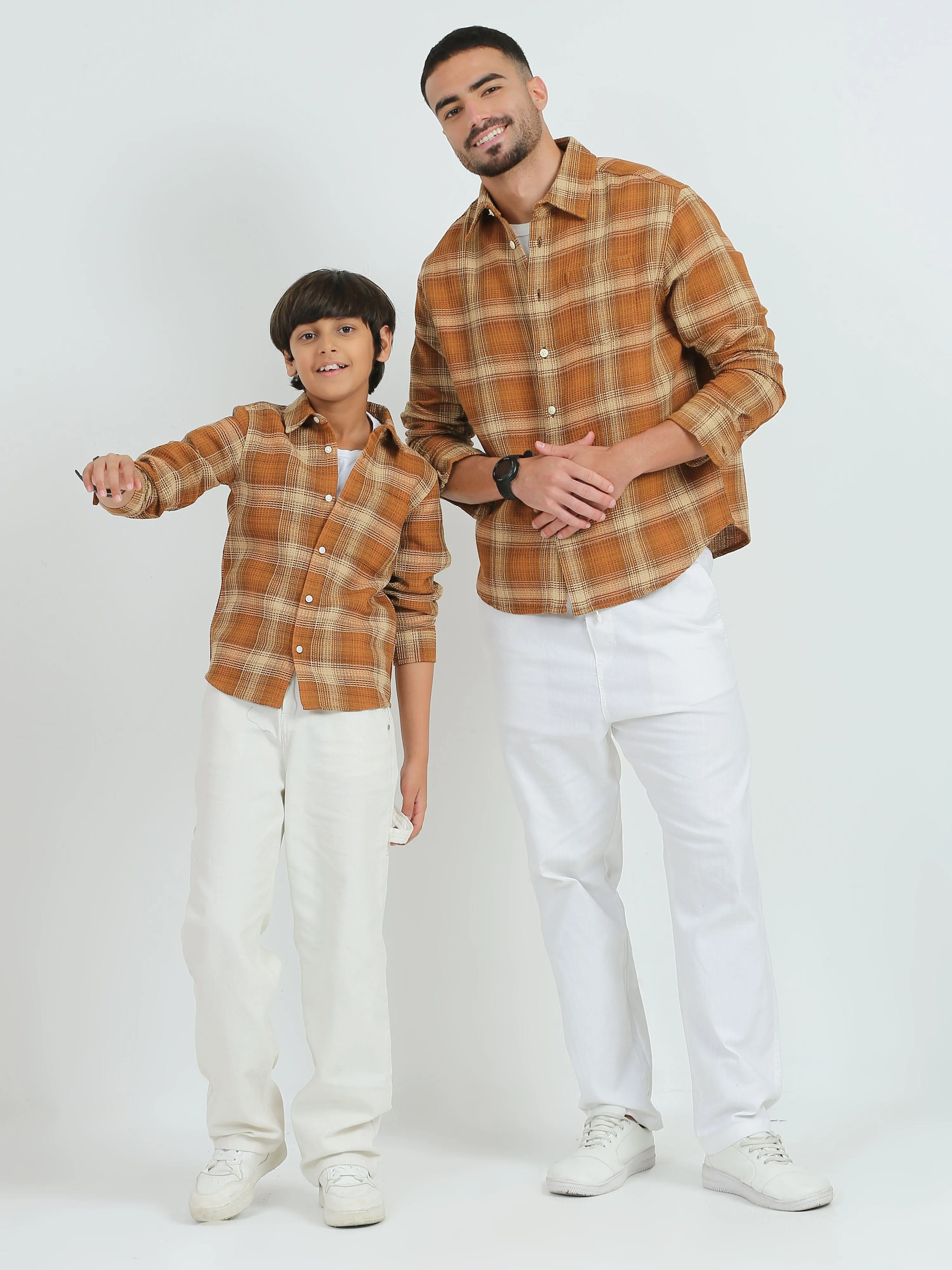 Dad & Son Textured Checkered Twinning Shirt Burnt Orange