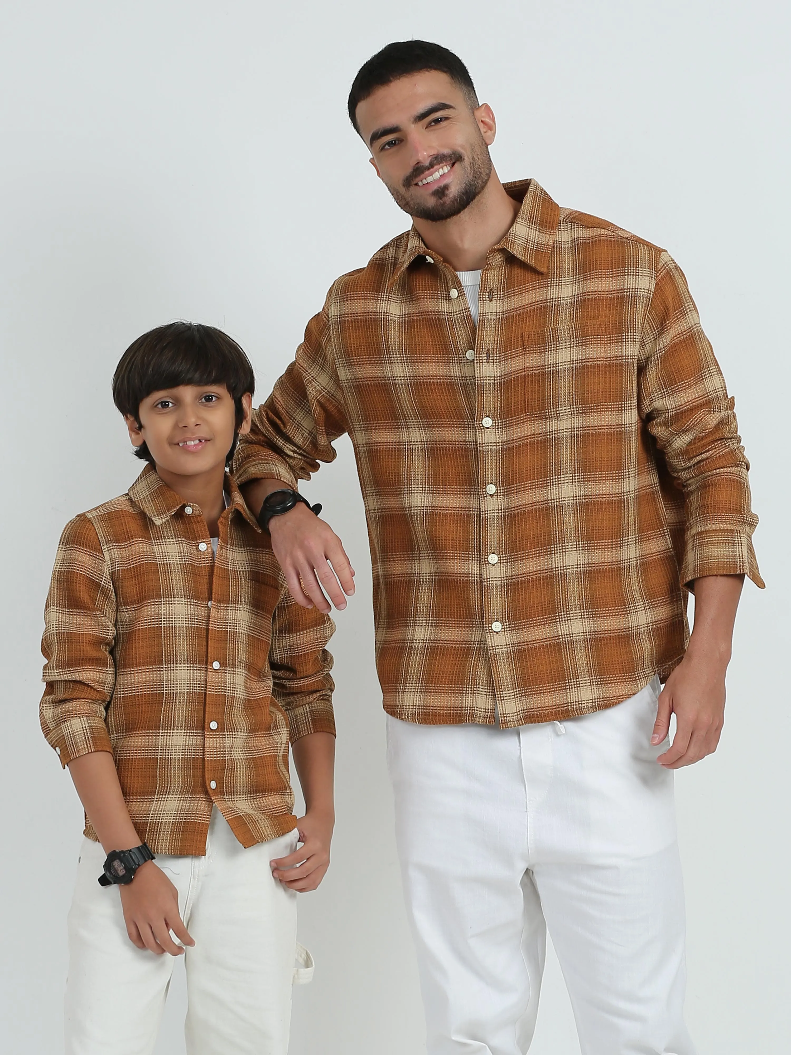 Dad & Son Textured Checkered Twinning Shirt Burnt Orange
