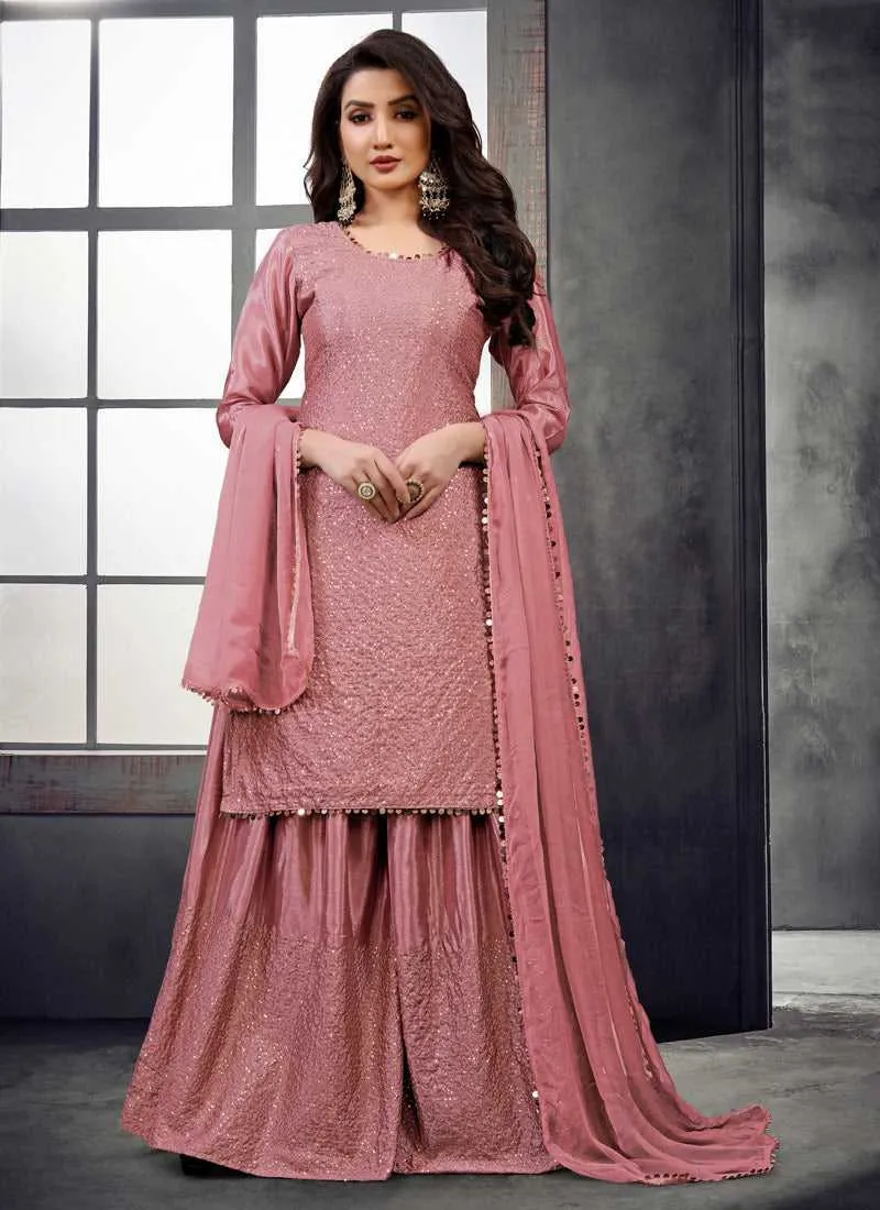 Dark Pink Embroidered Stylish Palazzo Style Suit