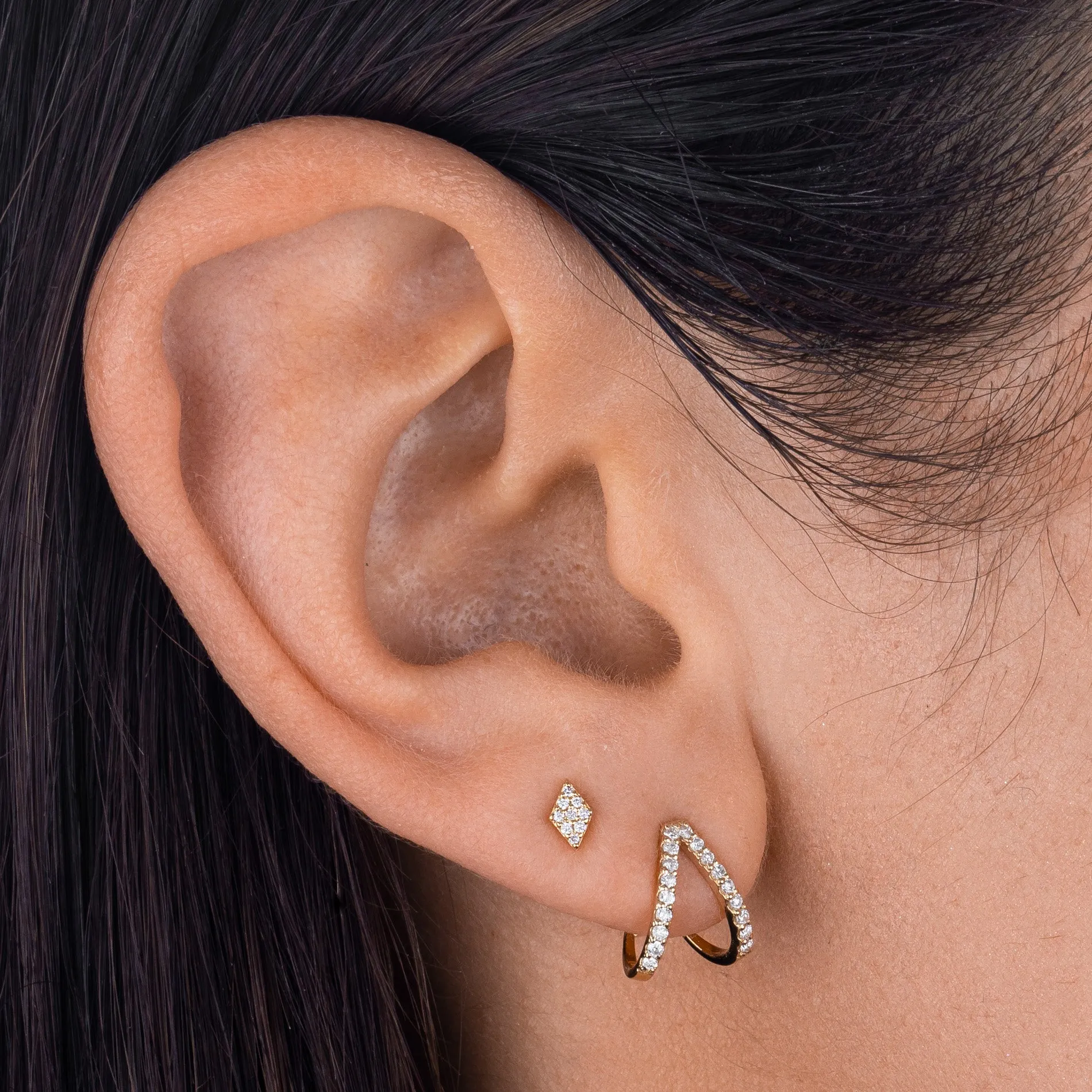 Diamond Double Huggie Stud Earring 14K