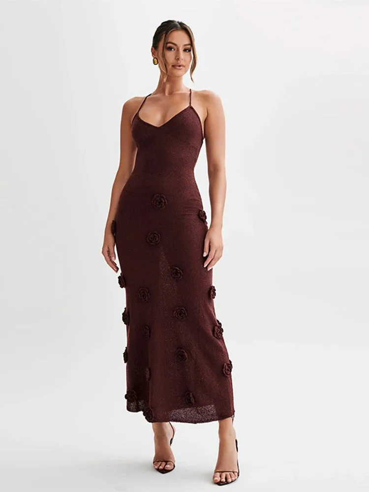 Elegant 3D Flower Sling Maxi Dress Deep V-Neck Sleeveless Chic Spring/Summer Dresses