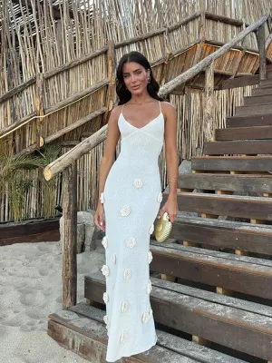 Elegant 3D Flower Sling Maxi Dress Deep V-Neck Sleeveless Chic Spring/Summer Dresses