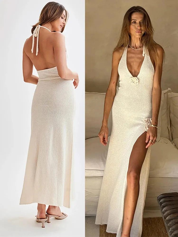 Elegant 3D Flower Sling Maxi Dress Deep V-Neck Sleeveless Chic Spring/Summer Dresses