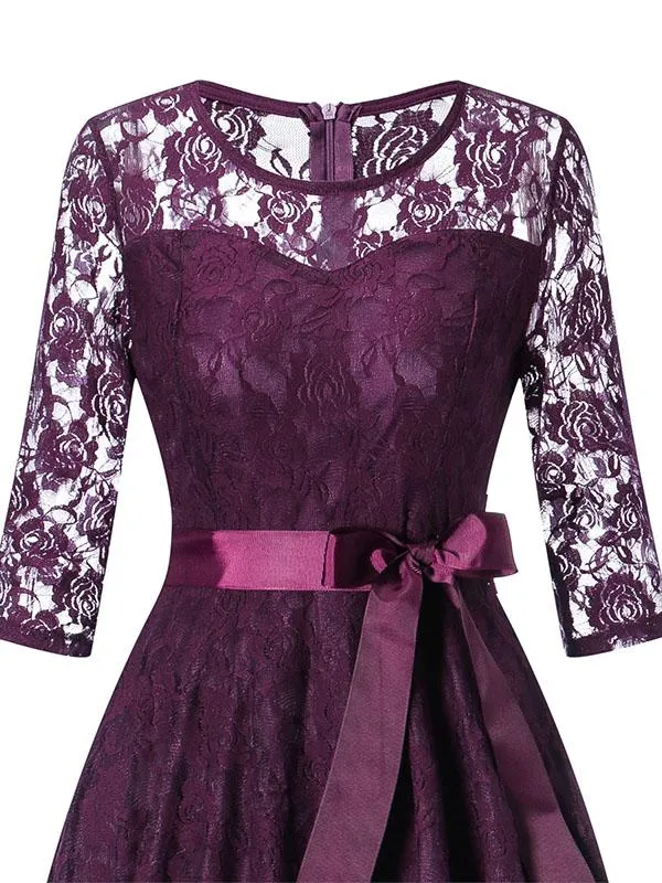 Elegant Lace Semi Sheer Crewneck A Line Vintage Dress