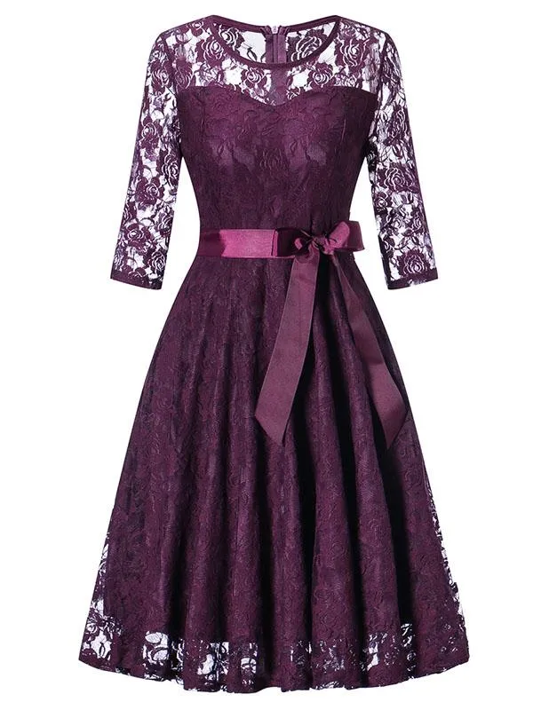 Elegant Lace Semi Sheer Crewneck A Line Vintage Dress