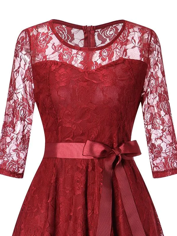 Elegant Lace Semi Sheer Crewneck A Line Vintage Dress