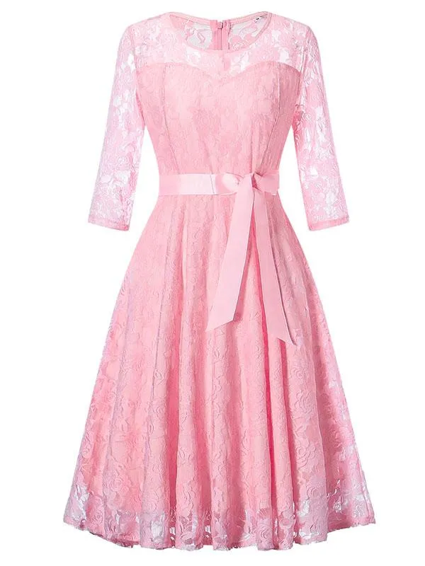 Elegant Lace Semi Sheer Crewneck A Line Vintage Dress