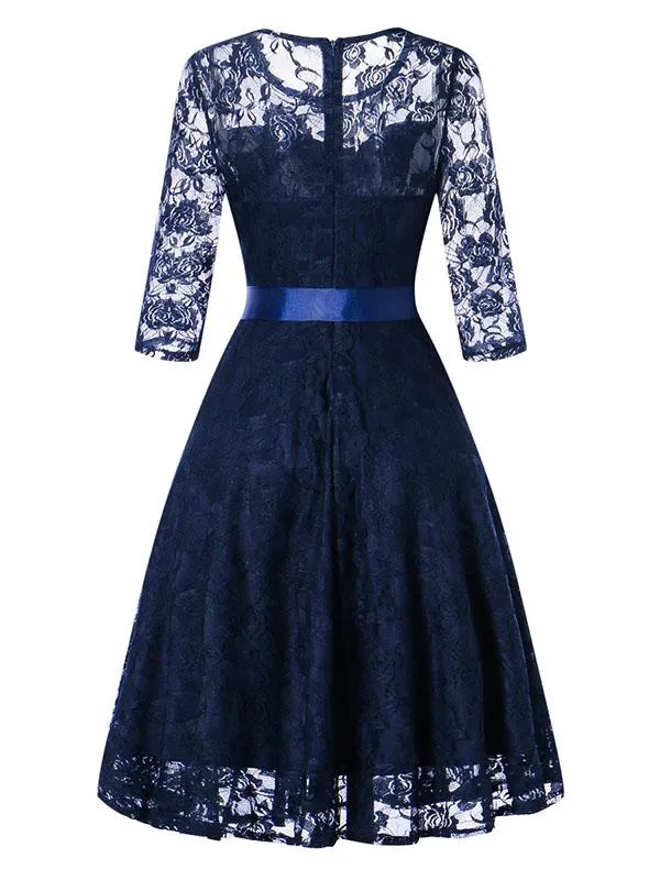 Elegant Lace Semi Sheer Crewneck A Line Vintage Dress