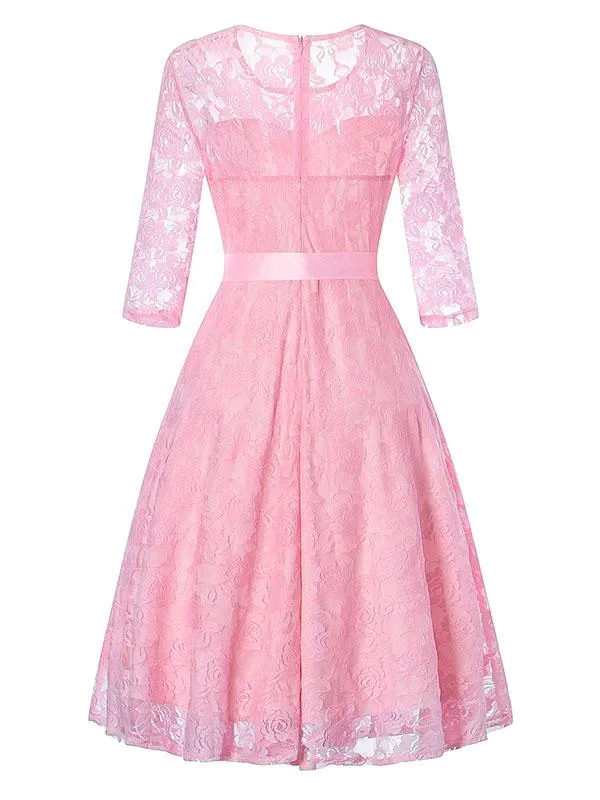 Elegant Lace Semi Sheer Crewneck A Line Vintage Dress