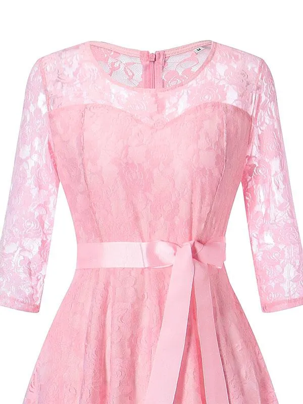 Elegant Lace Semi Sheer Crewneck A Line Vintage Dress