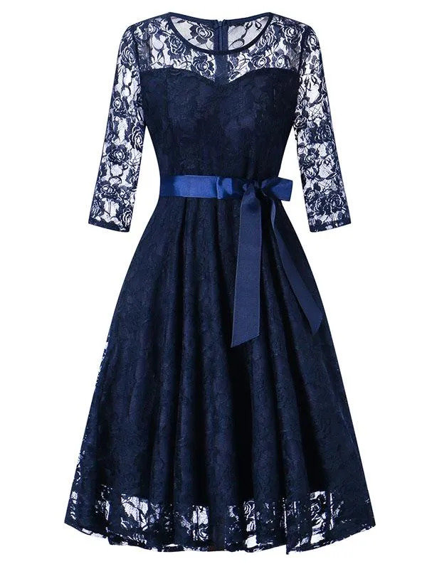 Elegant Lace Semi Sheer Crewneck A Line Vintage Dress