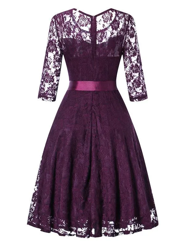 Elegant Lace Semi Sheer Crewneck A Line Vintage Dress