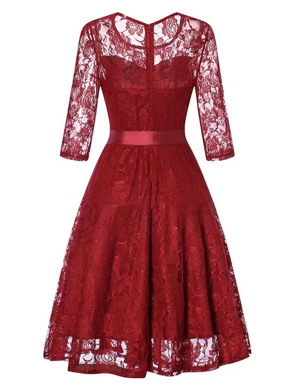 Elegant Lace Semi Sheer Crewneck A Line Vintage Dress