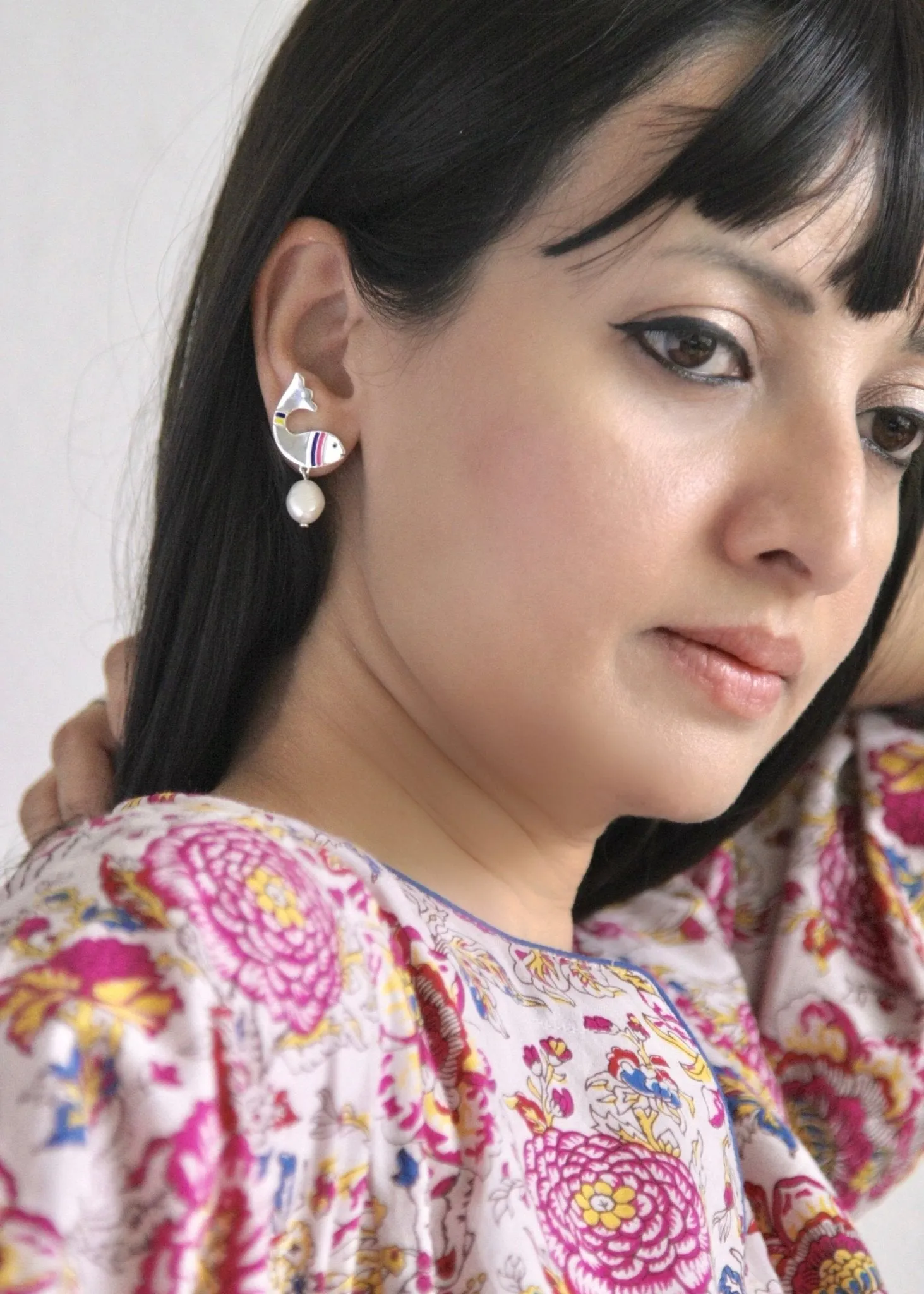 Elegant, pearl drop 'meen' fish earrings