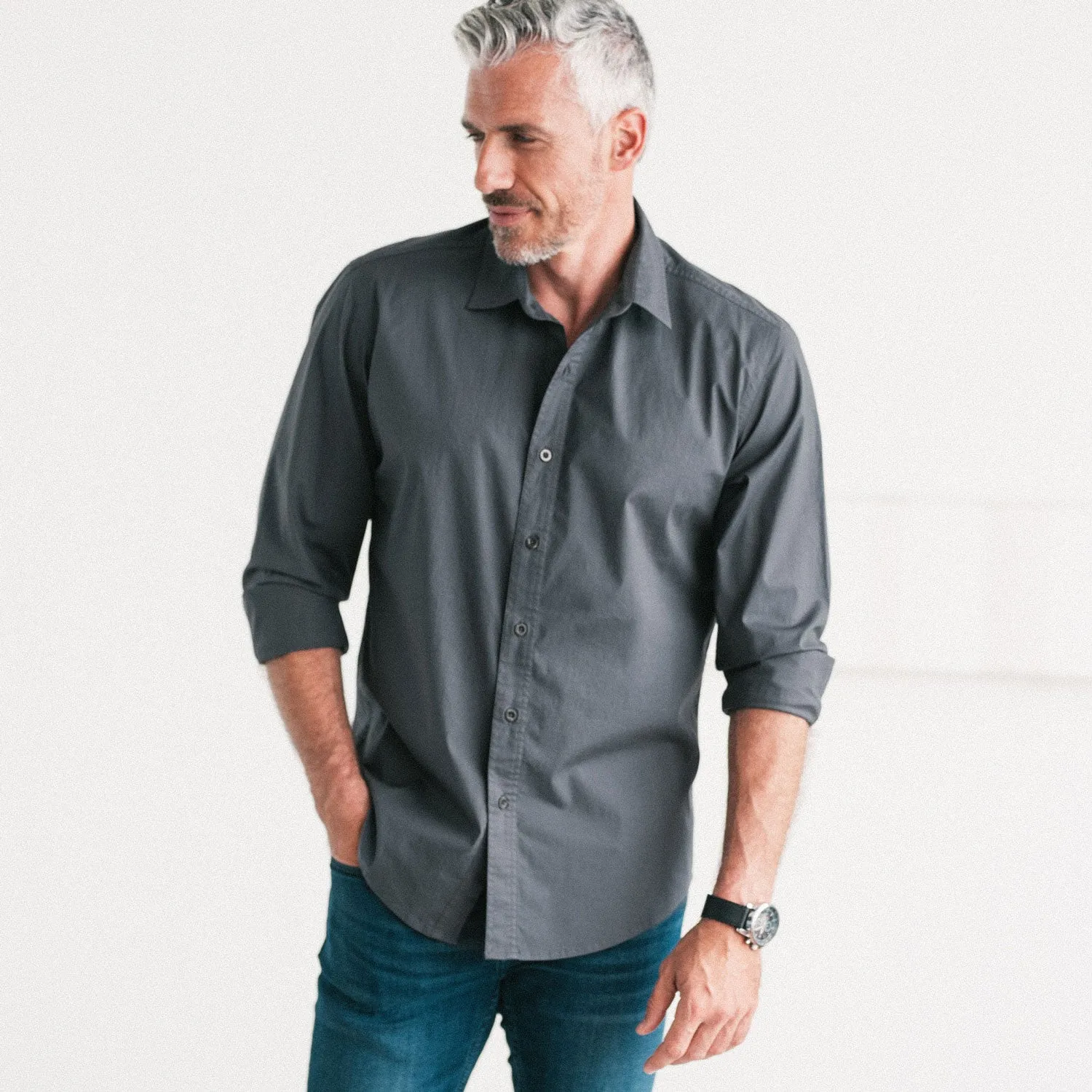 Essential Spread Collar Casual Shirt - Slate Gray Stretch Cotton Poplin