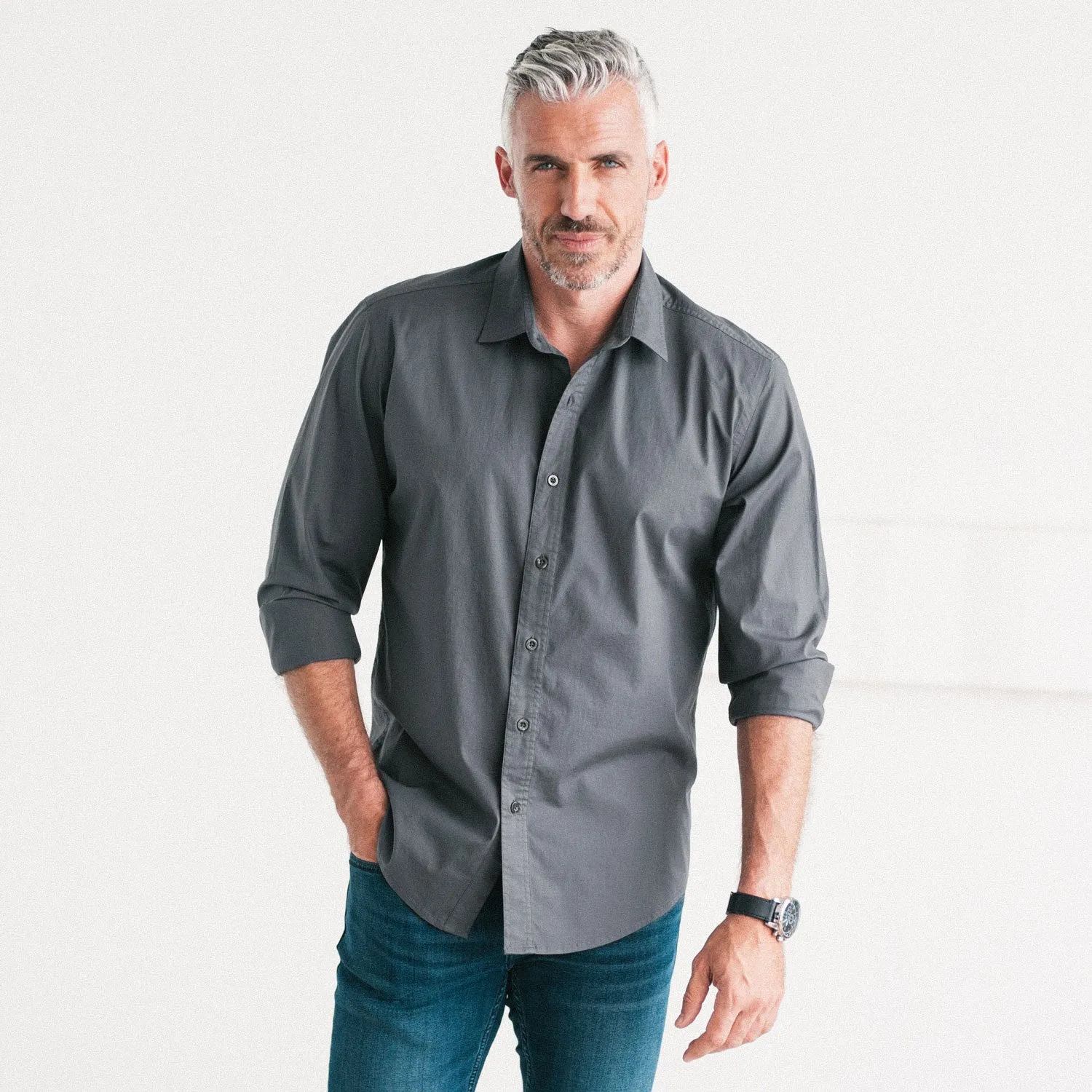 Essential Spread Collar Casual Shirt - Slate Gray Stretch Cotton Poplin