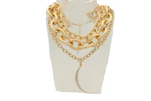 Fashion Gold Metal Chain Strand Bulky Bib Choker Short Necklace Moon Charm