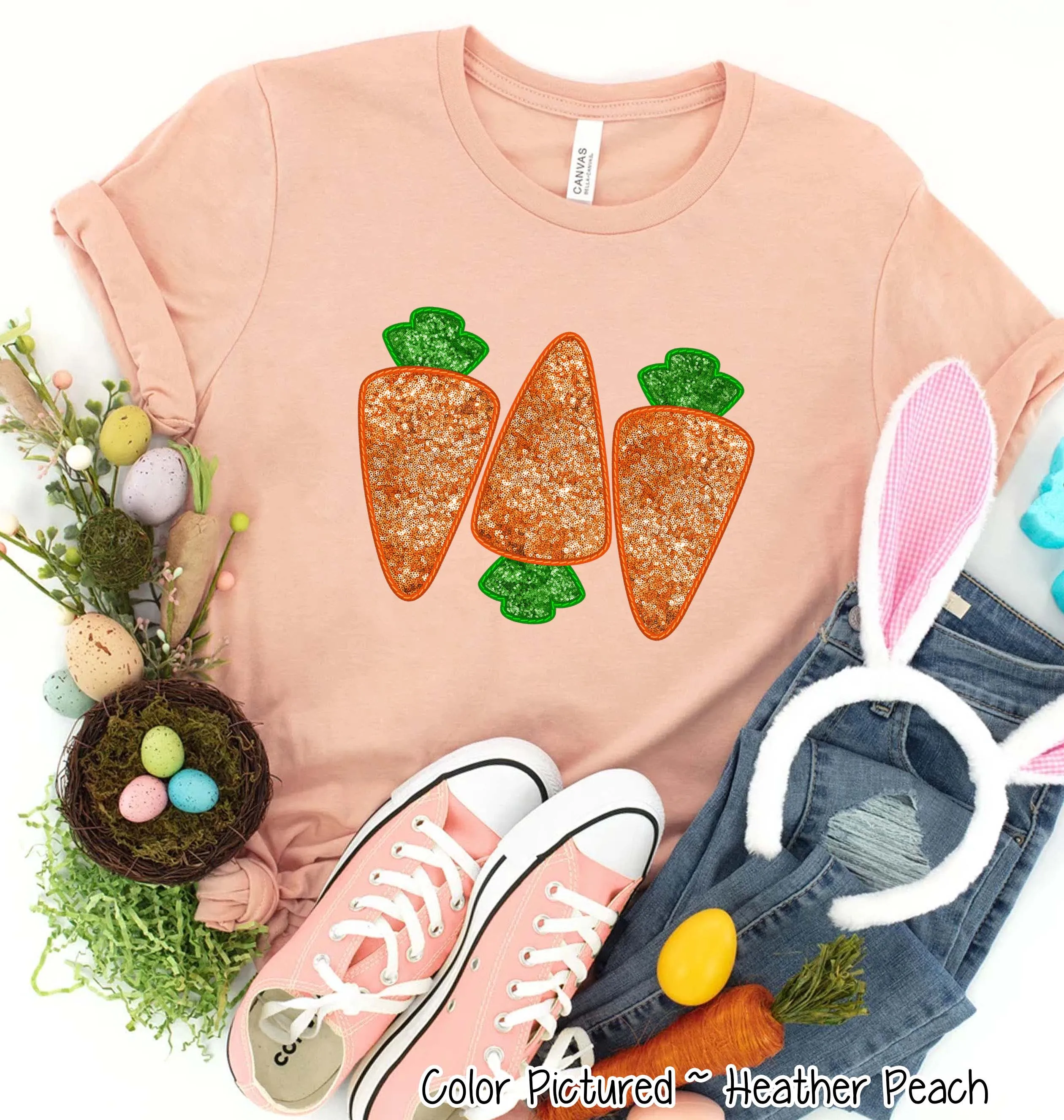 Faux Sequin Carrot Trio Easter Tee and Sweatshirt