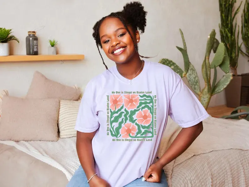 Floral No-one is Illegal On Stolen land Tshirt