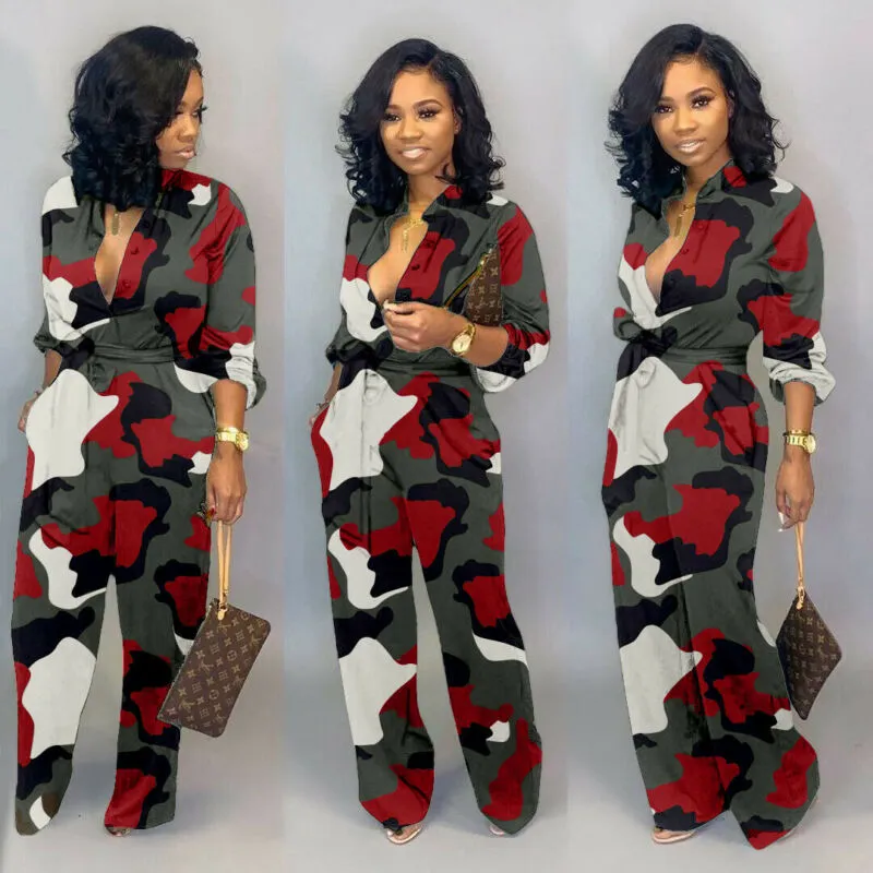 Gail Deep V-Neck Camouflage Jumpsuit Rompers