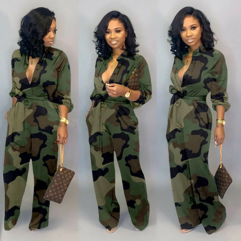 Gail Deep V-Neck Camouflage Jumpsuit Rompers