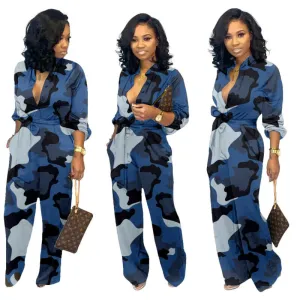 Gail Deep V-Neck Camouflage Jumpsuit Rompers