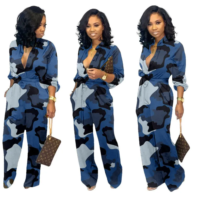 Gail Deep V-Neck Camouflage Jumpsuit Rompers