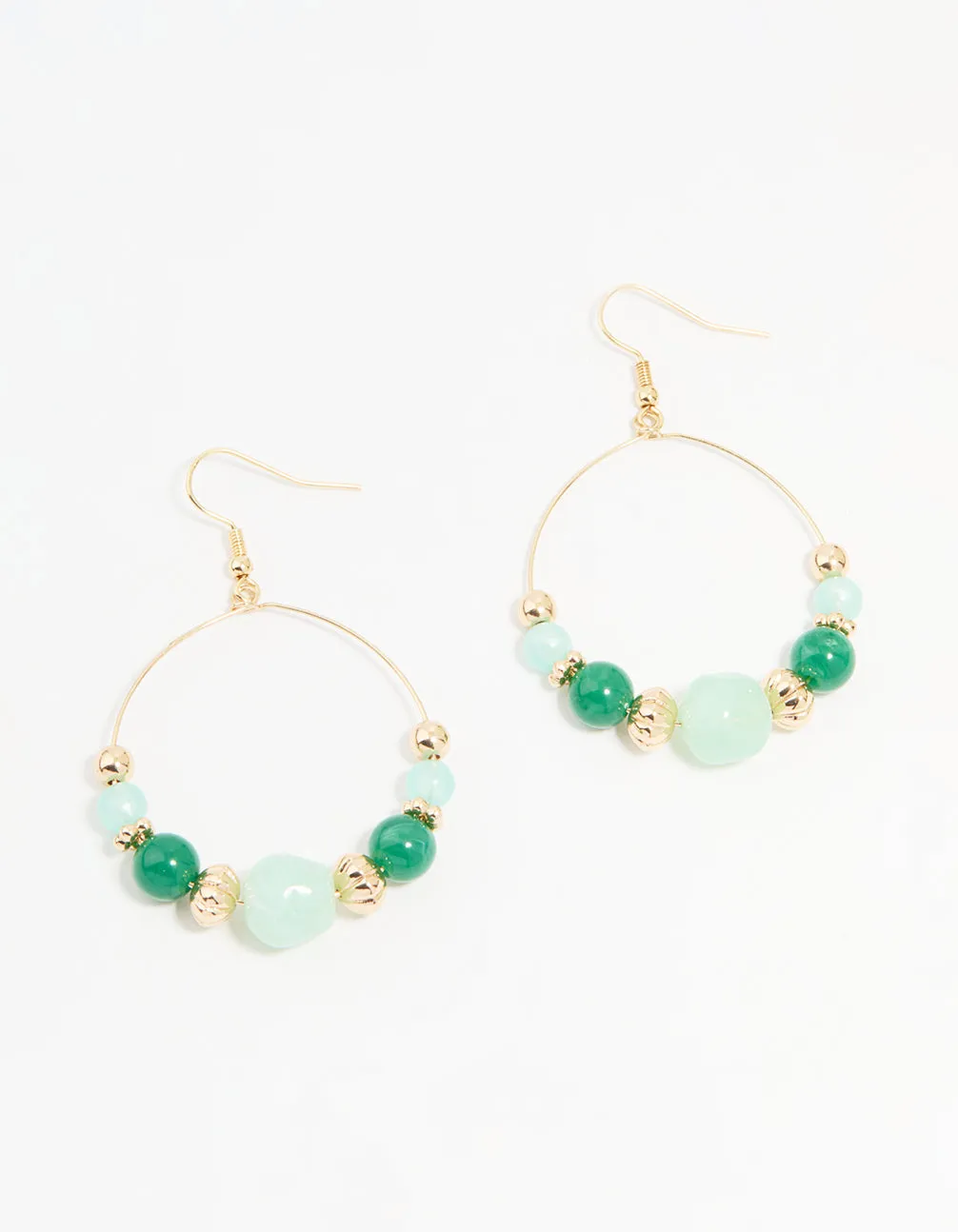 Gold Green Beaded Circular Drop Earrings