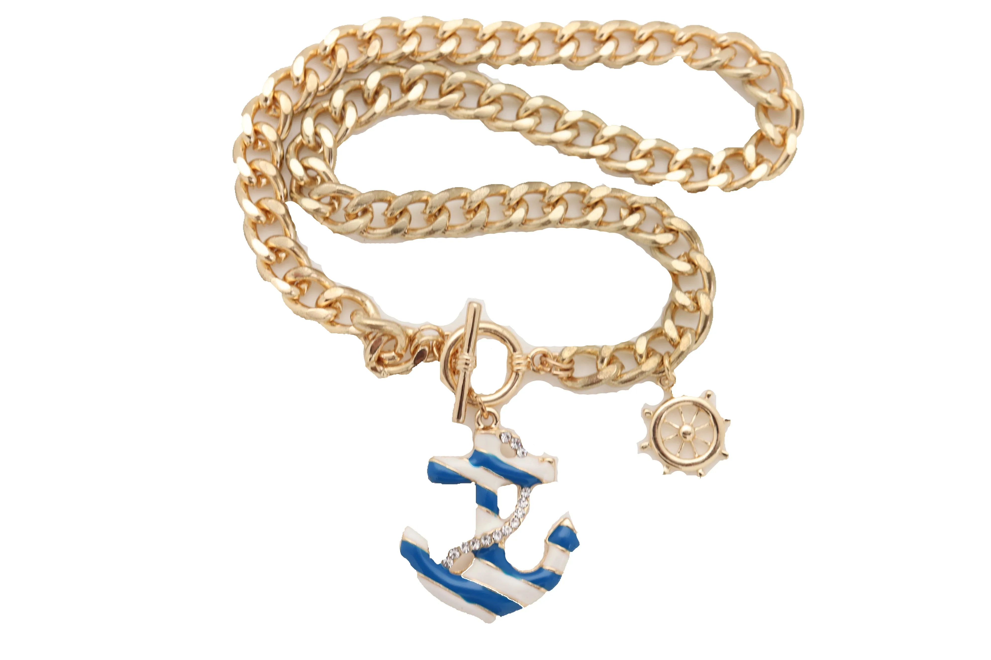 Gold Metal Chain Blue Anchor Charm Nautical Ship Necklace
