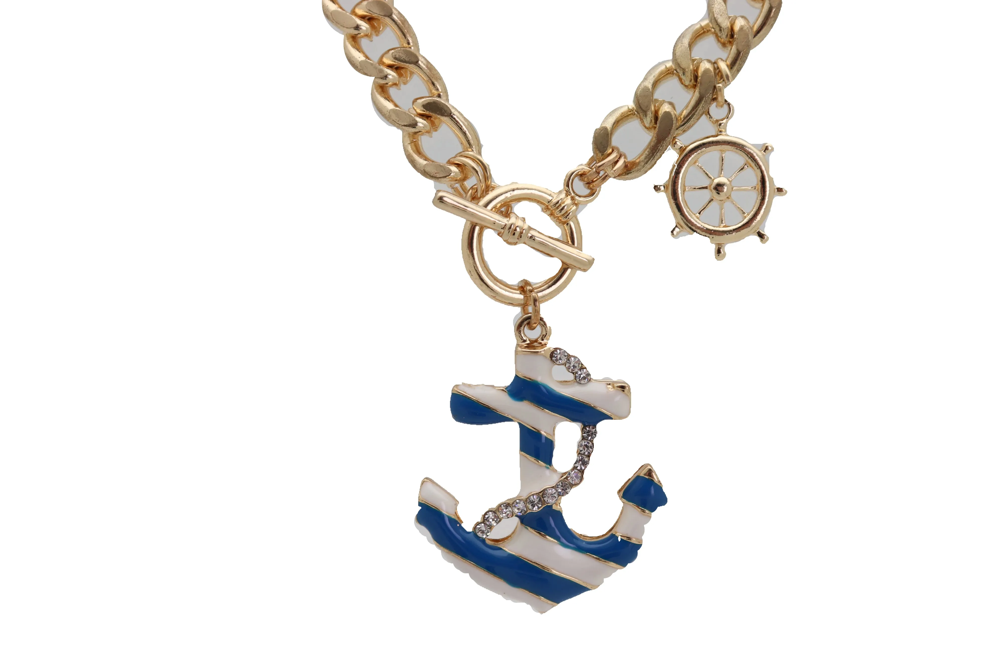 Gold Metal Chain Blue Anchor Charm Nautical Ship Necklace