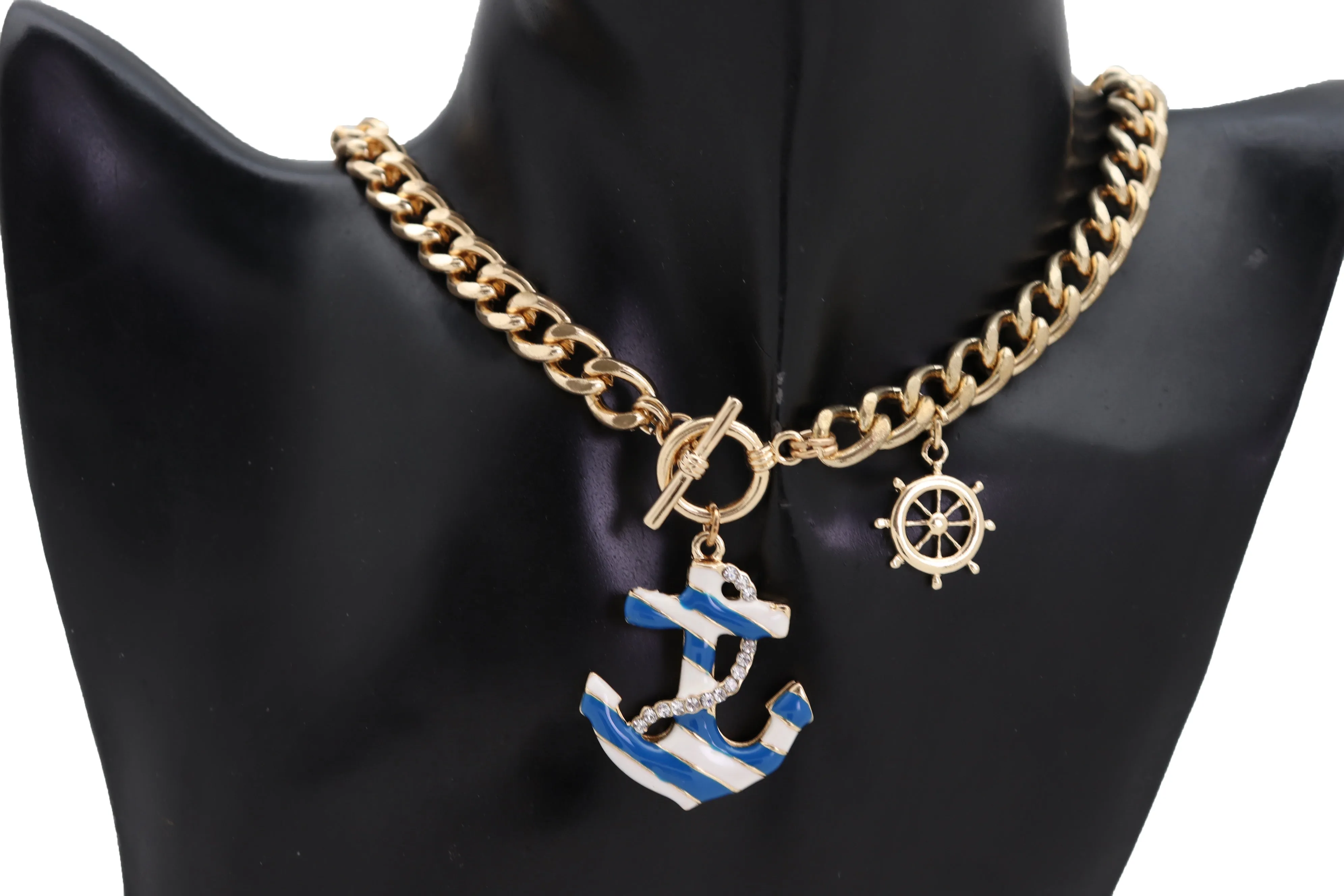 Gold Metal Chain Blue Anchor Charm Nautical Ship Necklace