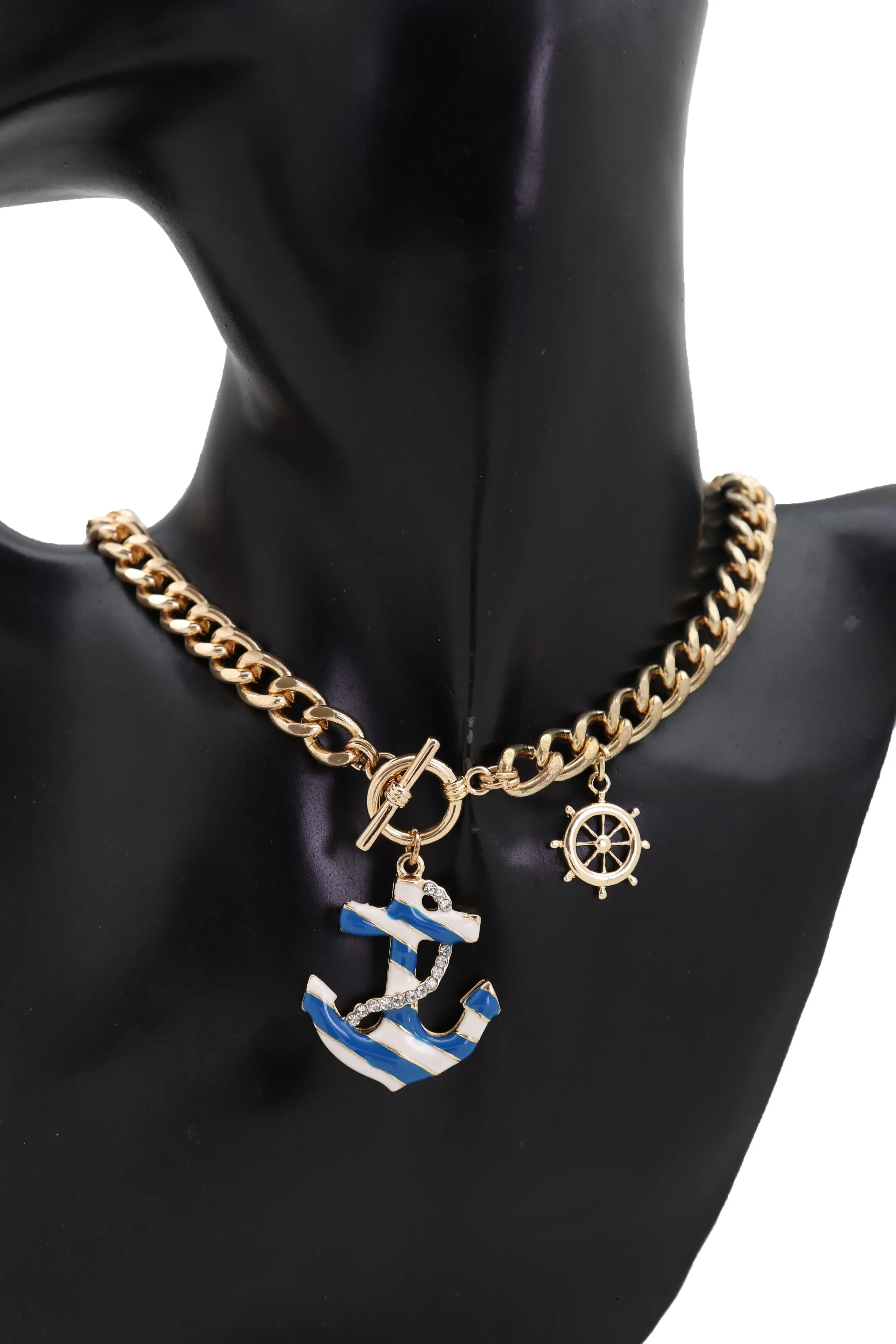 Gold Metal Chain Blue Anchor Charm Nautical Ship Necklace