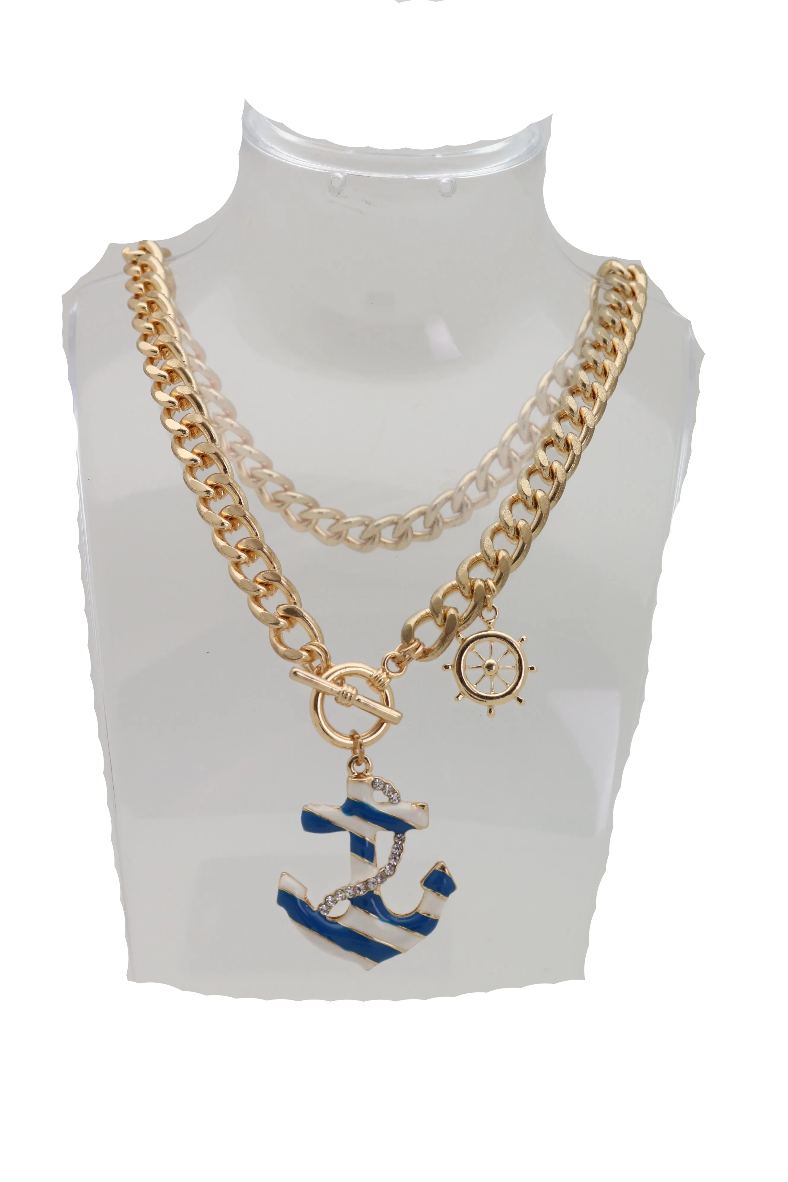 Gold Metal Chain Blue Anchor Charm Nautical Ship Necklace