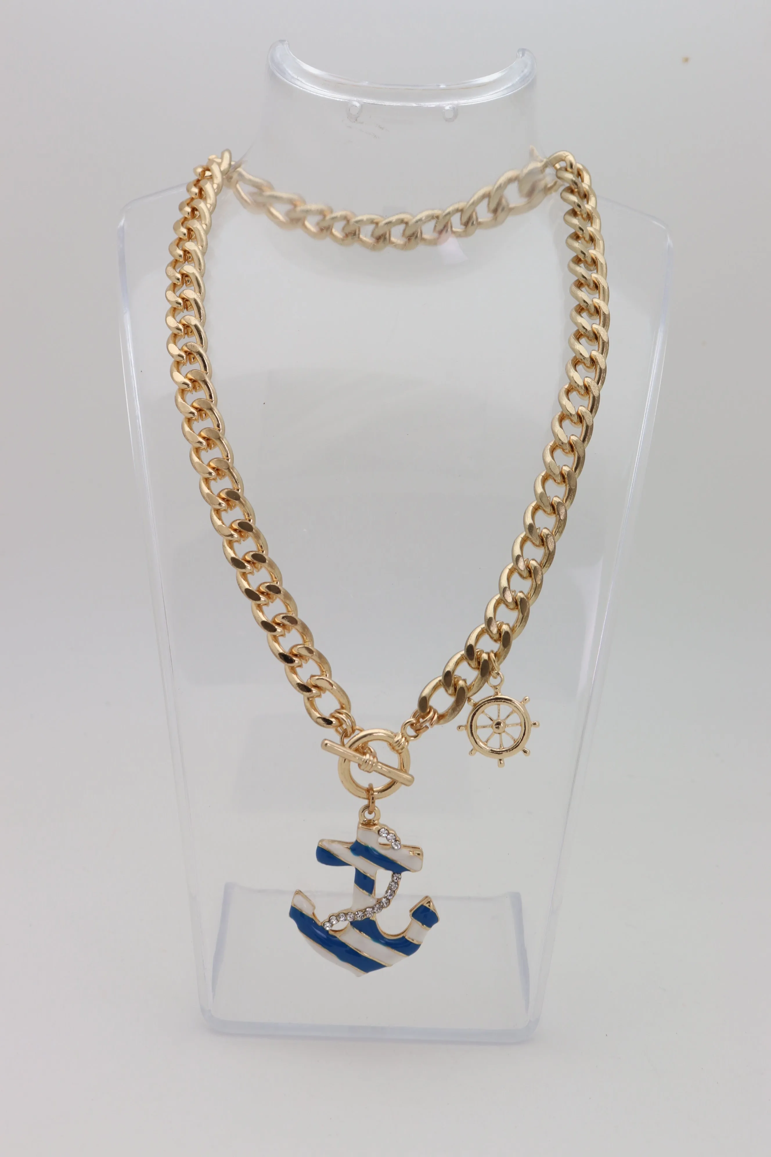 Gold Metal Chain Blue Anchor Charm Nautical Ship Necklace