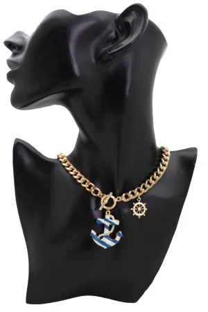 Gold Metal Chain Blue Anchor Charm Nautical Ship Necklace