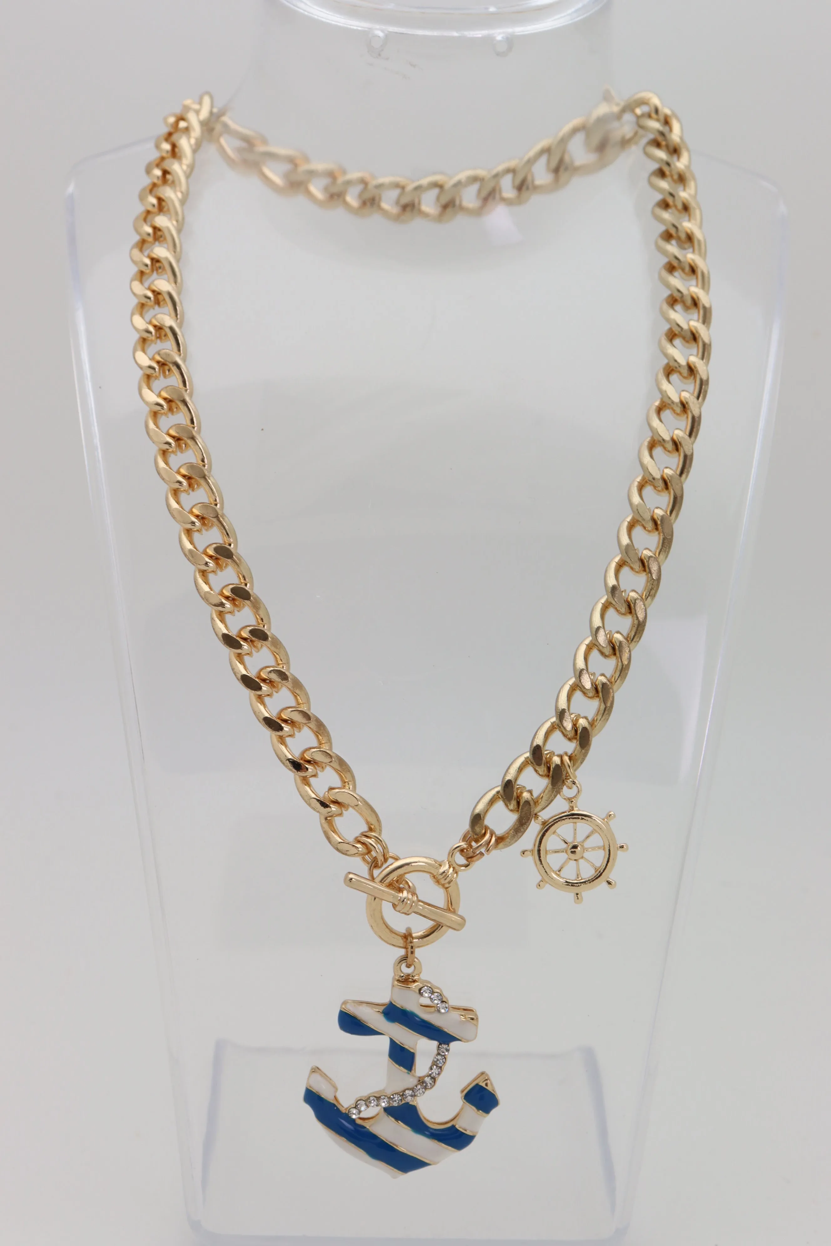 Gold Metal Chain Blue Anchor Charm Nautical Ship Necklace