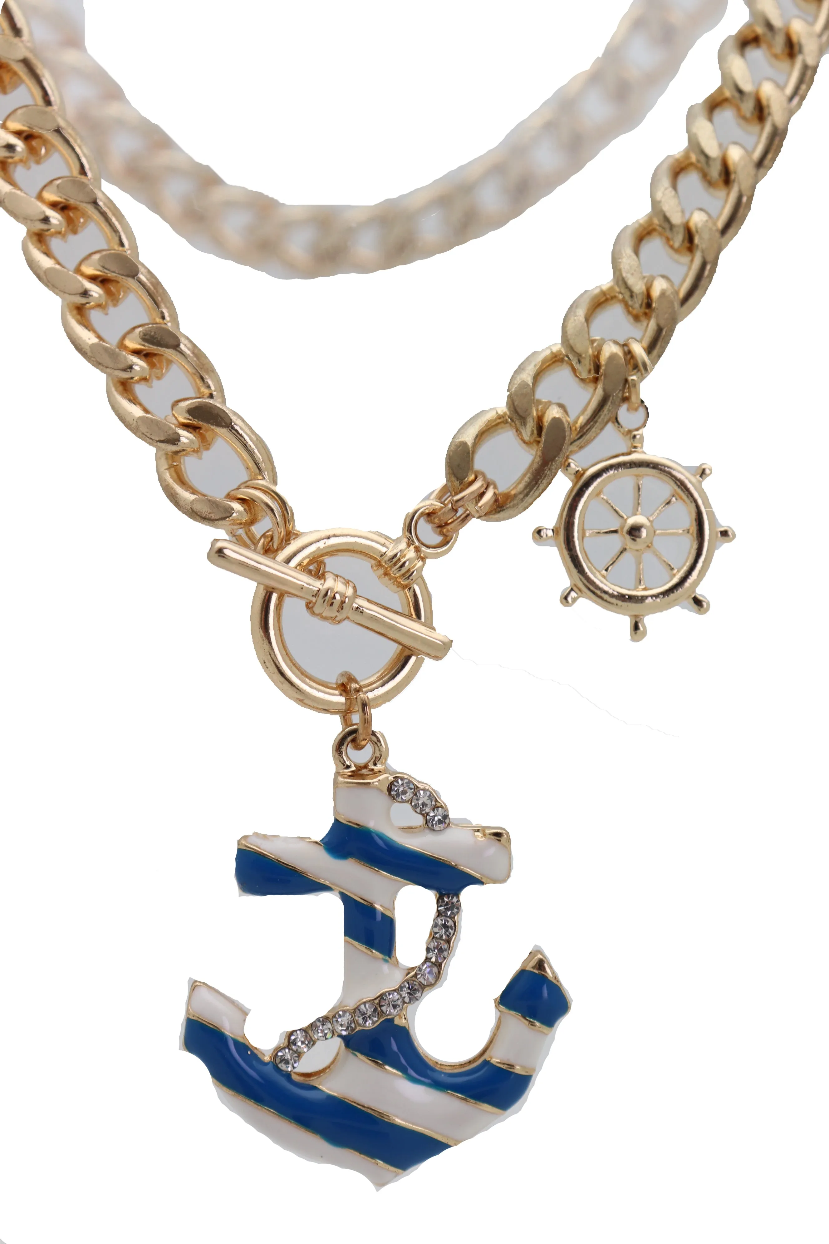 Gold Metal Chain Blue Anchor Charm Nautical Ship Necklace