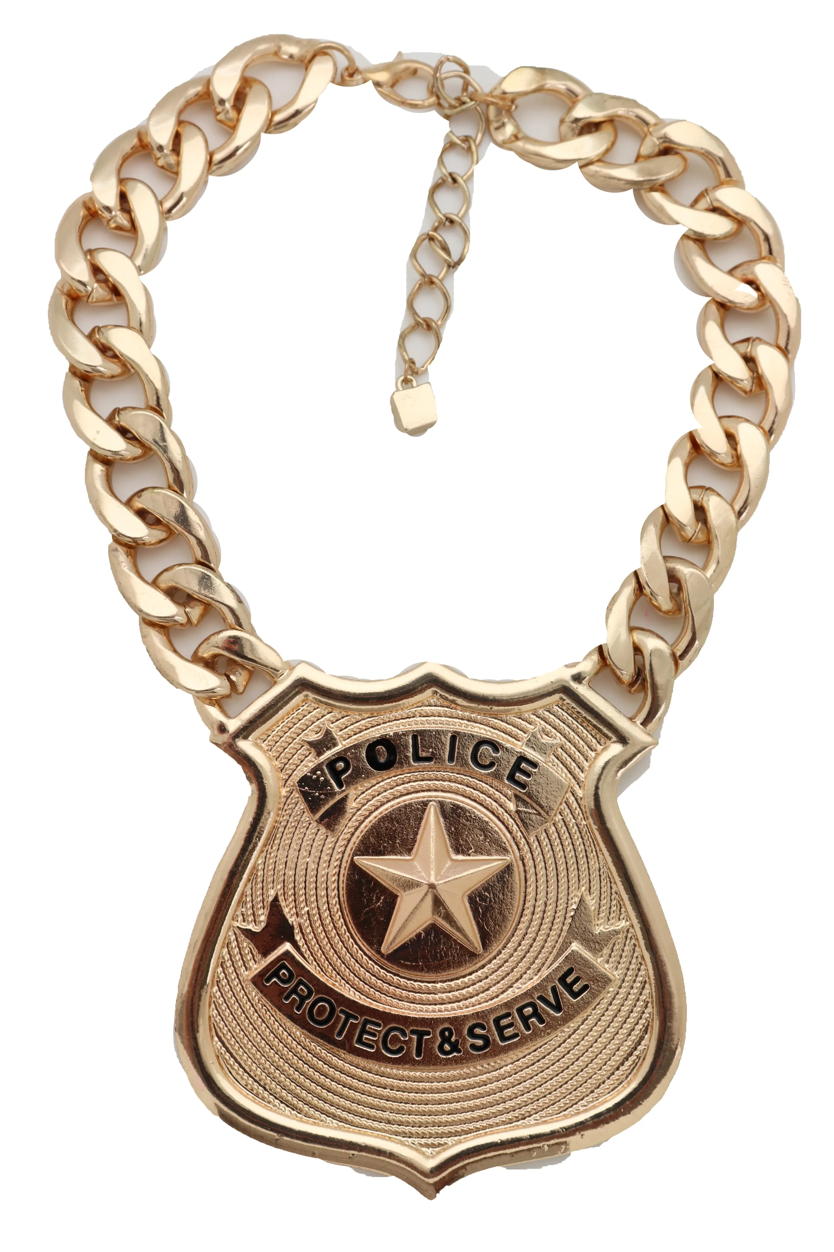 Gold Metal Chain Necklace Big Police Badge Pendant Protect & Serve