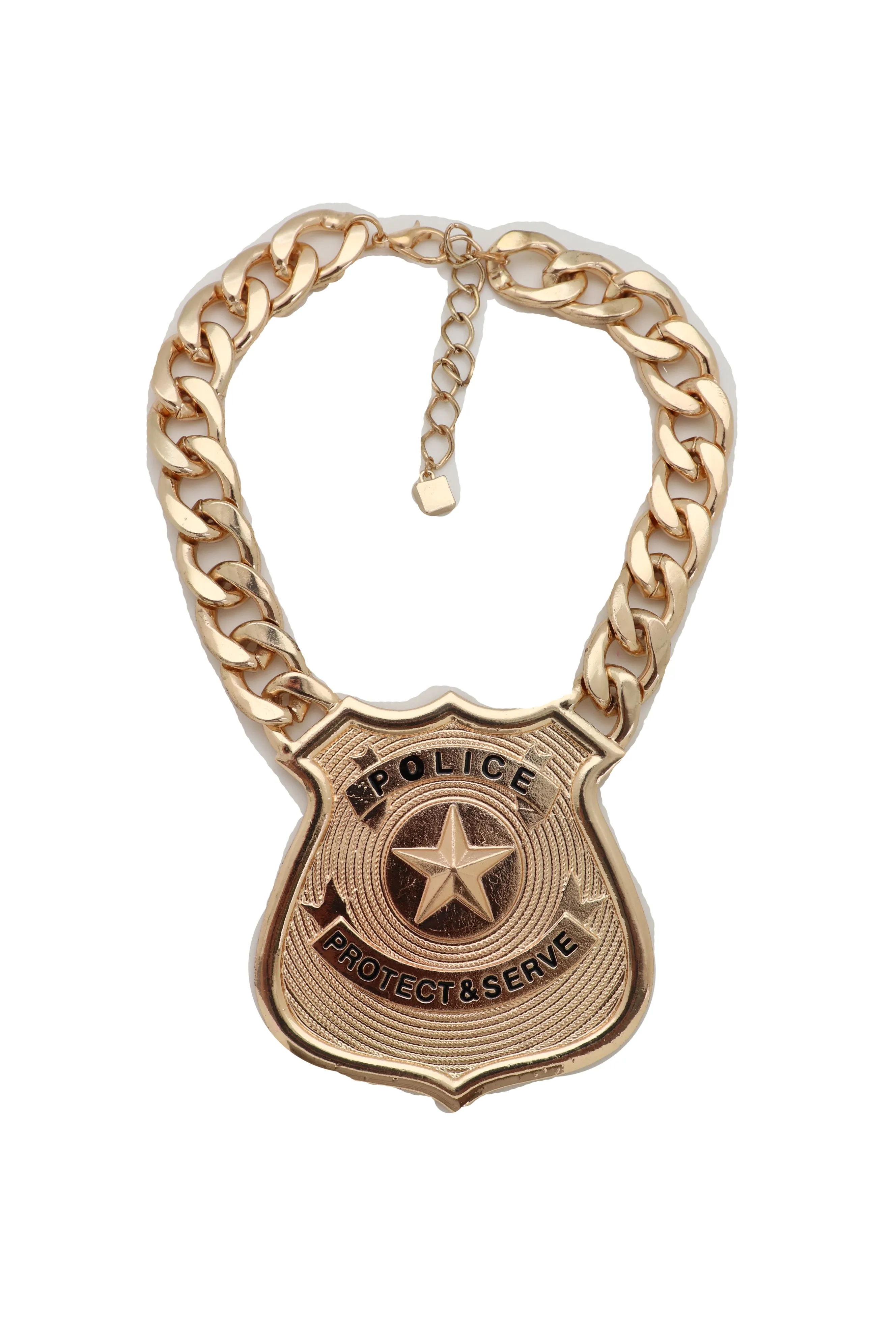 Gold Metal Chain Necklace Big Police Badge Pendant Protect & Serve