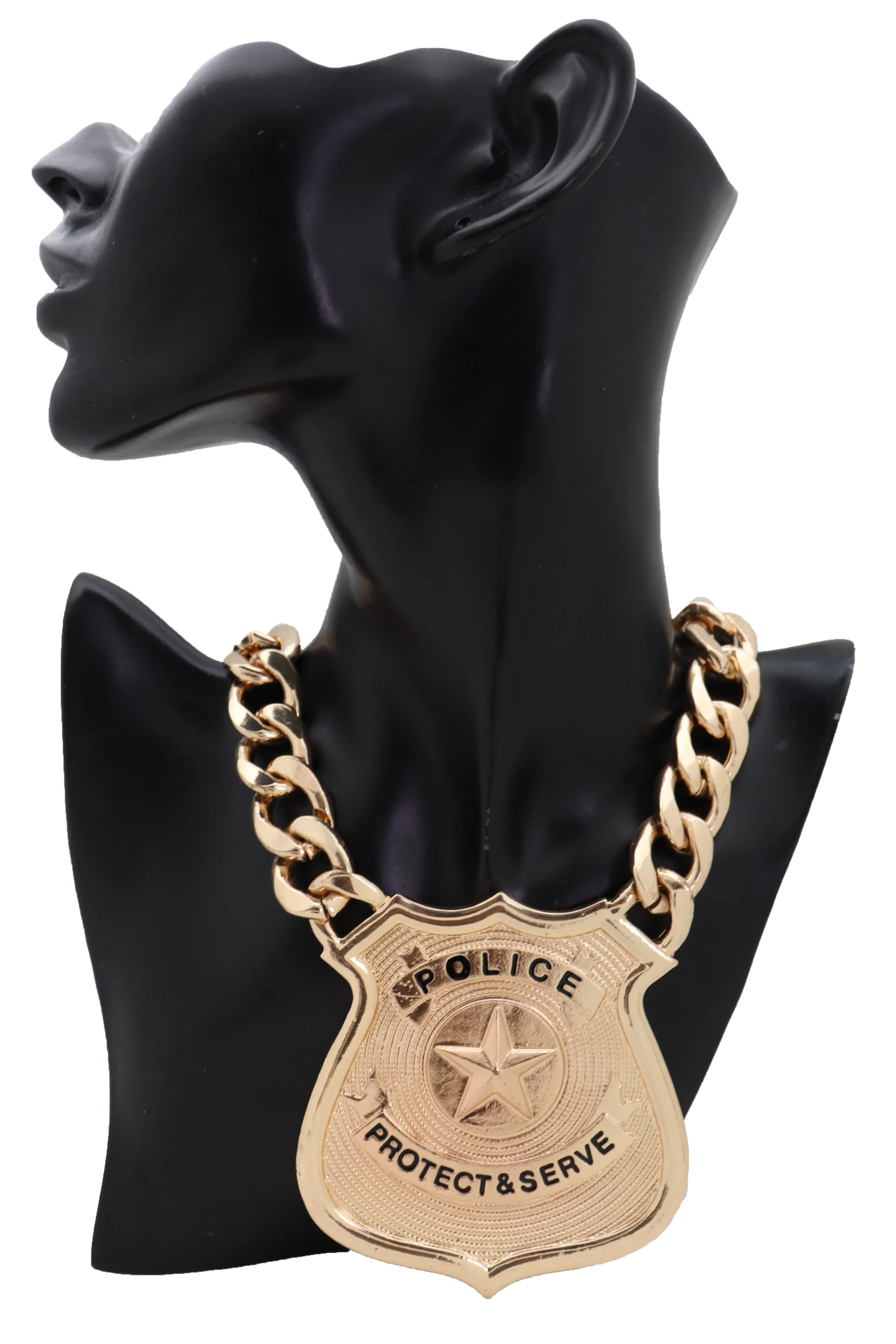 Gold Metal Chain Necklace Big Police Badge Pendant Protect & Serve