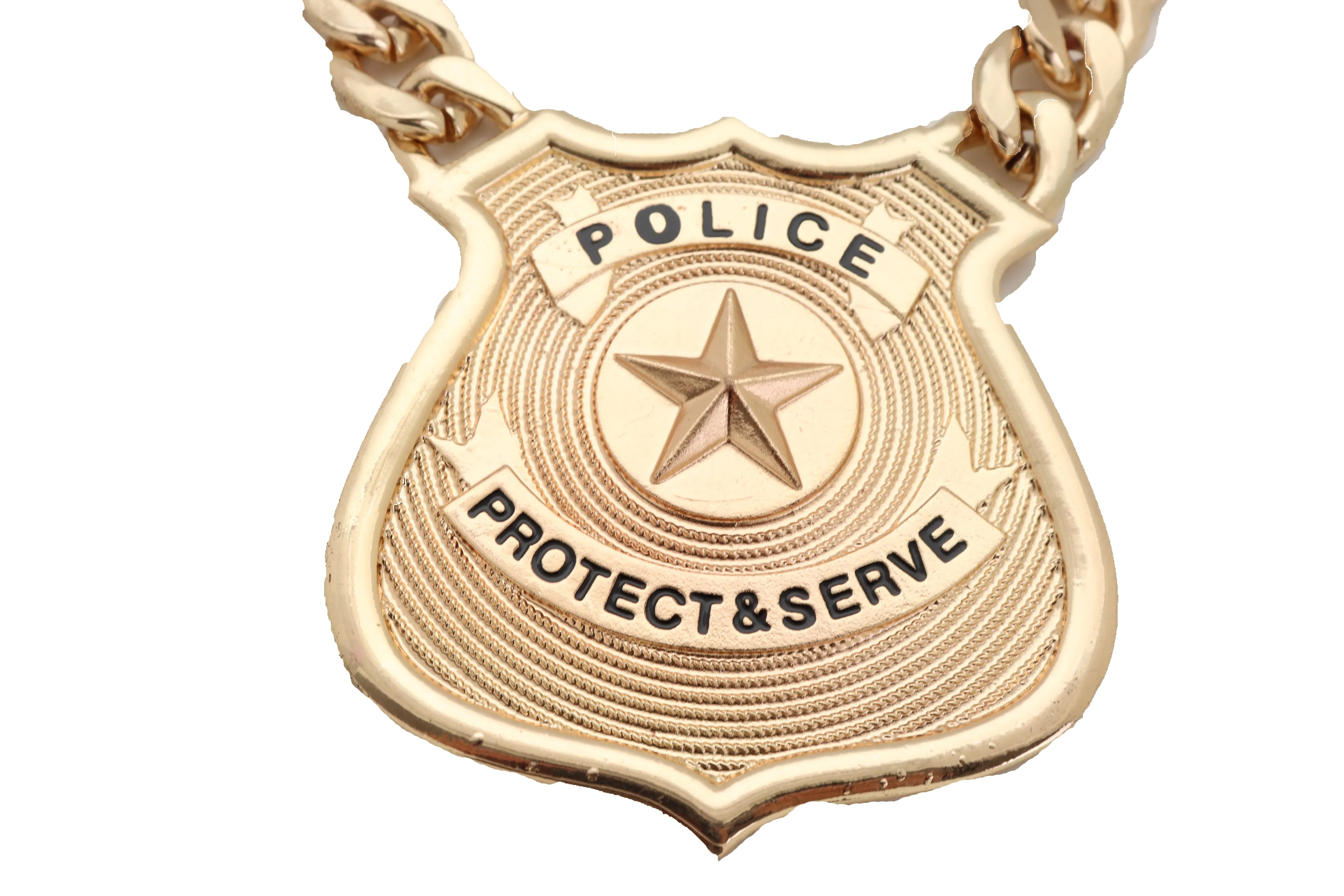 Gold Metal Chain Necklace Big Police Badge Pendant Protect & Serve