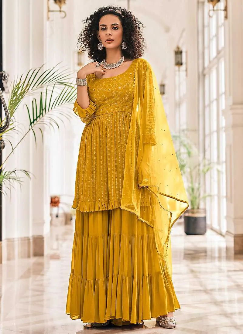 Golden Embroidered Stylish Sharara Style Suit