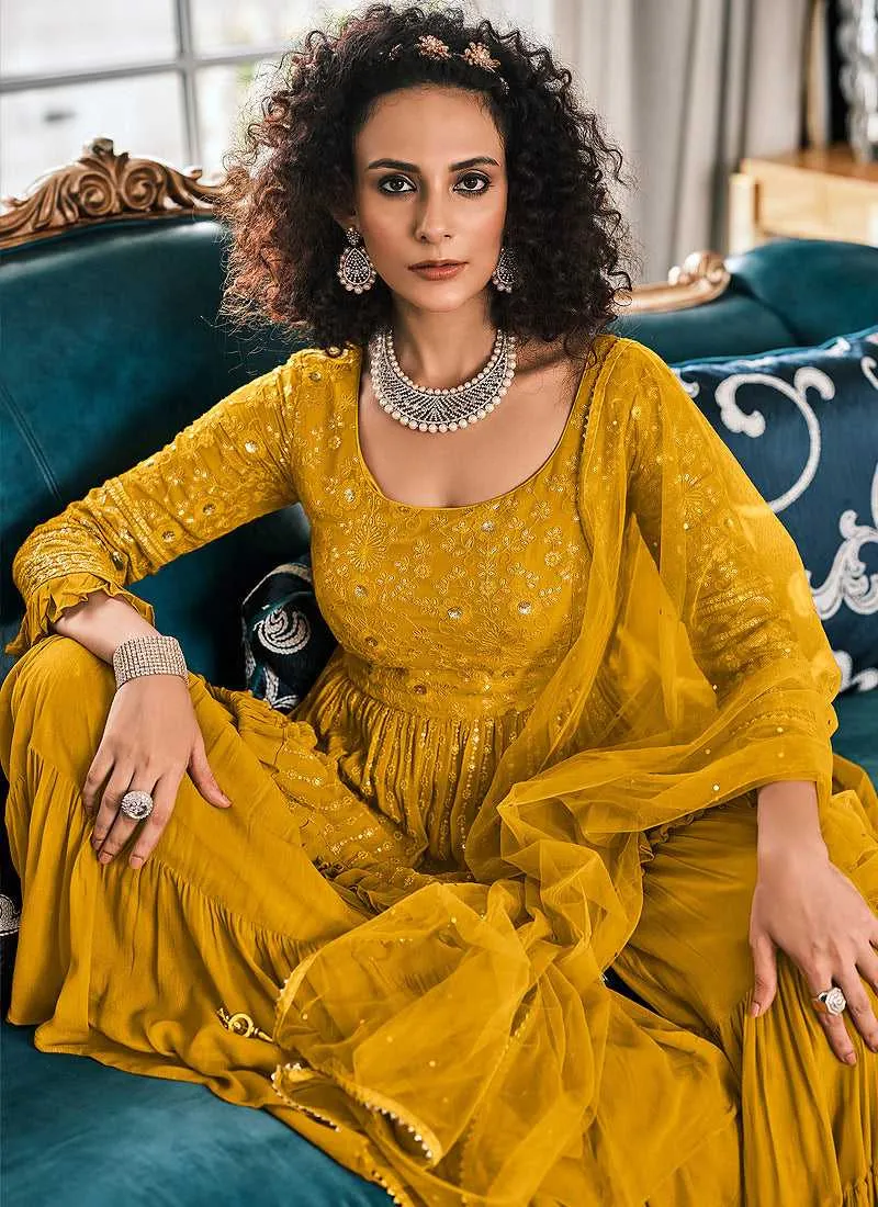 Golden Embroidered Stylish Sharara Style Suit