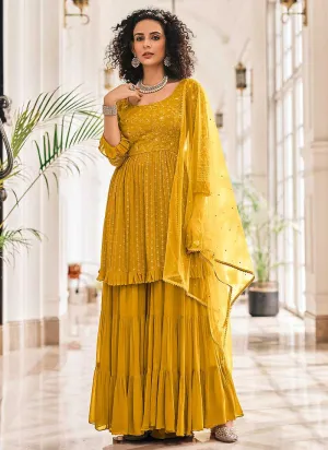 Golden Embroidered Stylish Sharara Style Suit