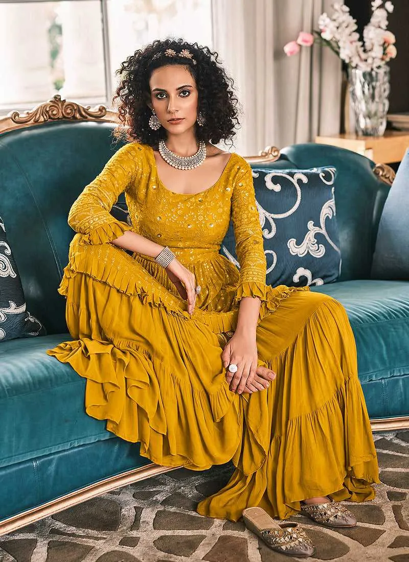 Golden Embroidered Stylish Sharara Style Suit