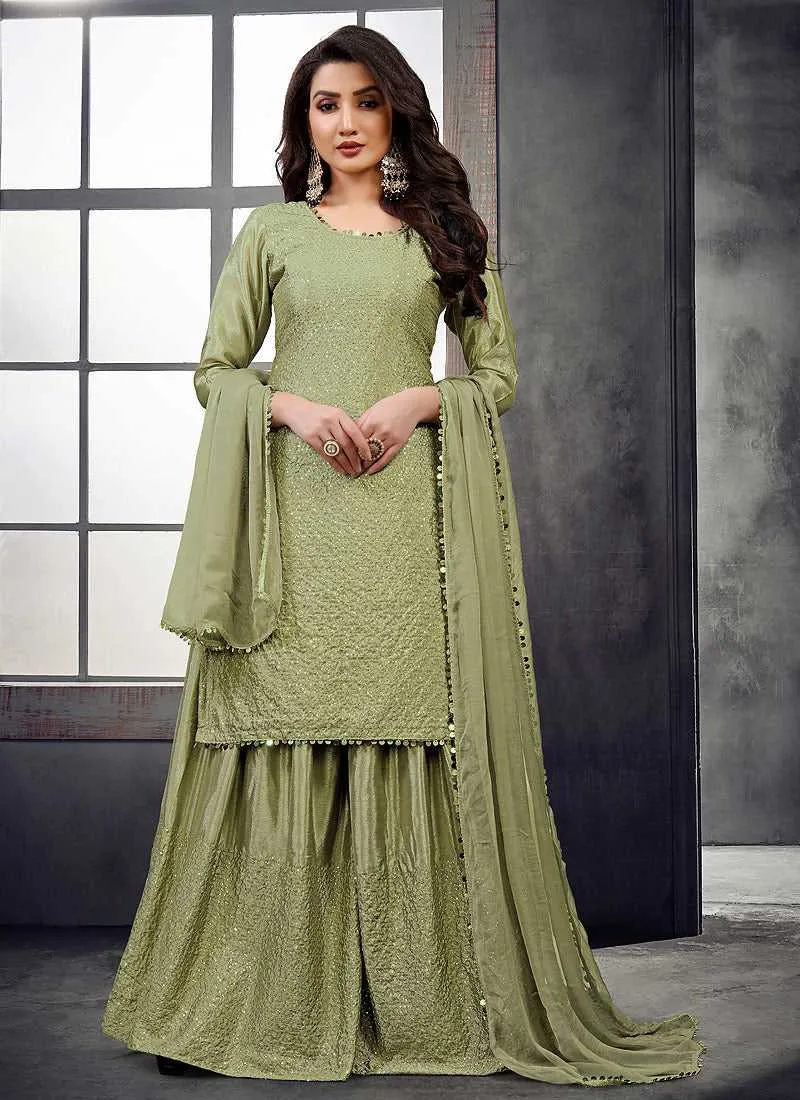 Green Embroidered Stylish Palazzo Style Suit