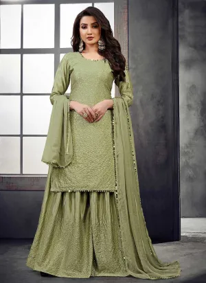 Green Embroidered Stylish Palazzo Style Suit