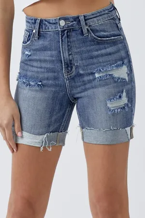 Hazel Blues® |  RISEN Distressed Rolled Denim Shorts with Pockets