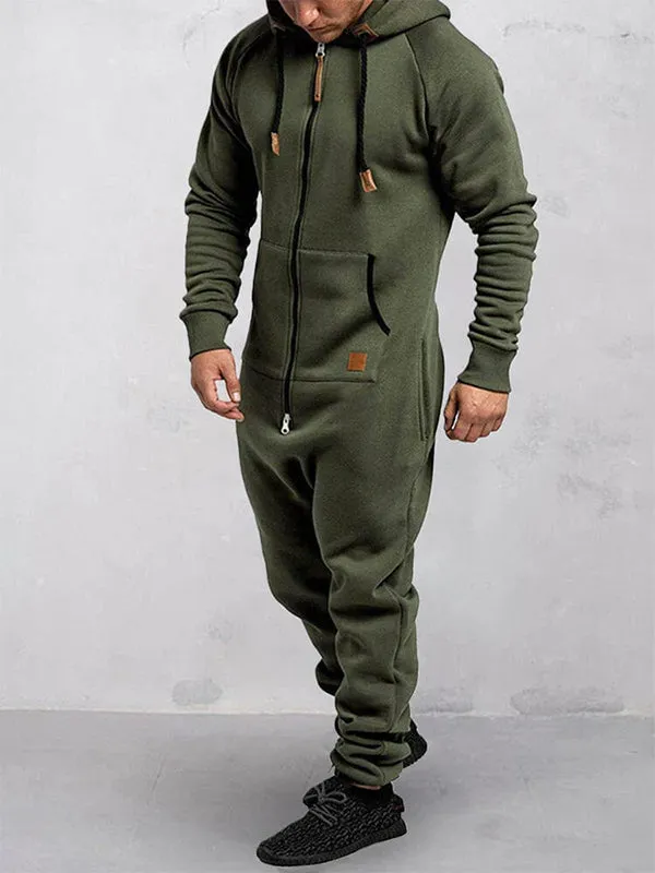 Hooded Fleece Zipper Solid Color Jumpsuit
